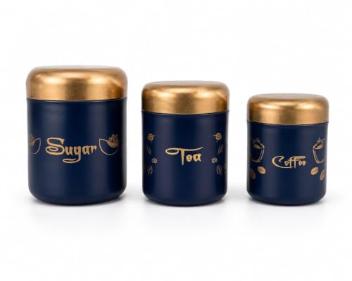 Premium Tea Sugar Coffee Canister Set of 3, Modern Blue Colour with Golden Lids, Stainless Steel Matte Storage Jars, Ideal for Gifting, Dishwasher Safe